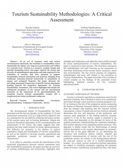 Glyptou, Κ., Papatheodorou, Α., Paravantis, J. A., and Spilanis, I. (2014) Tourism Sustainability Methodologies: A Critical Assessment, 5th International Conference on Information, Intelligence, Systems and Applications, co-organized by the Institute of Electrical and Electronic Engineers (IEEE), the Biological and Artificial Intelligence Foundation (BAIF) and the University of Piraeus in Chania, Greece.